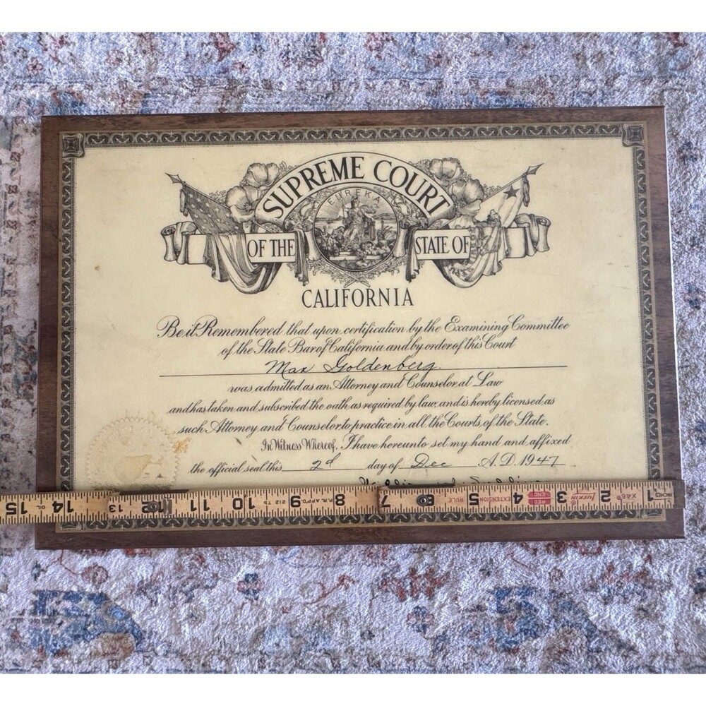 Vintage 1947 California Supreme Court Attorney Law License Perma Plaque Prop